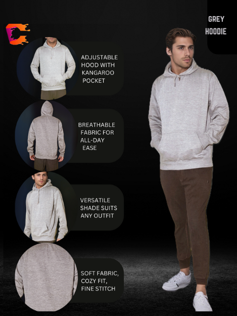 Model wearing a stylish grey hoodie with a casual fit, showcasing comfort and durability, perfect for everyday wear or branding purposes